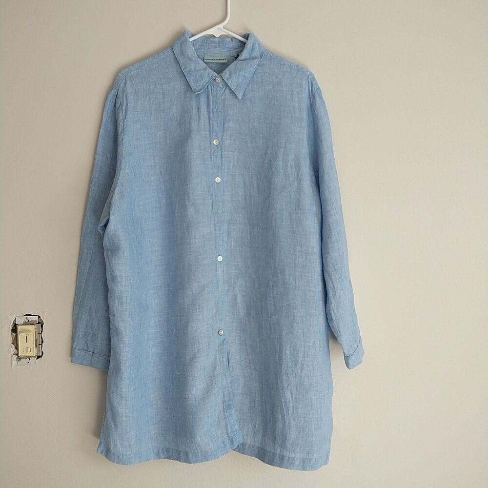 Marsh Landing II Shirt Tunic Dress Womens 1X Blue 100% Linen Long Sleeve Button